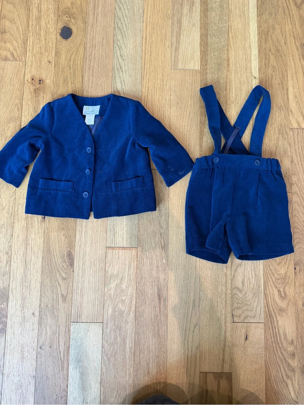 Florence Eiseman Boys 12M Navy Velvet Blazer Suspender Shorts Set Holiday